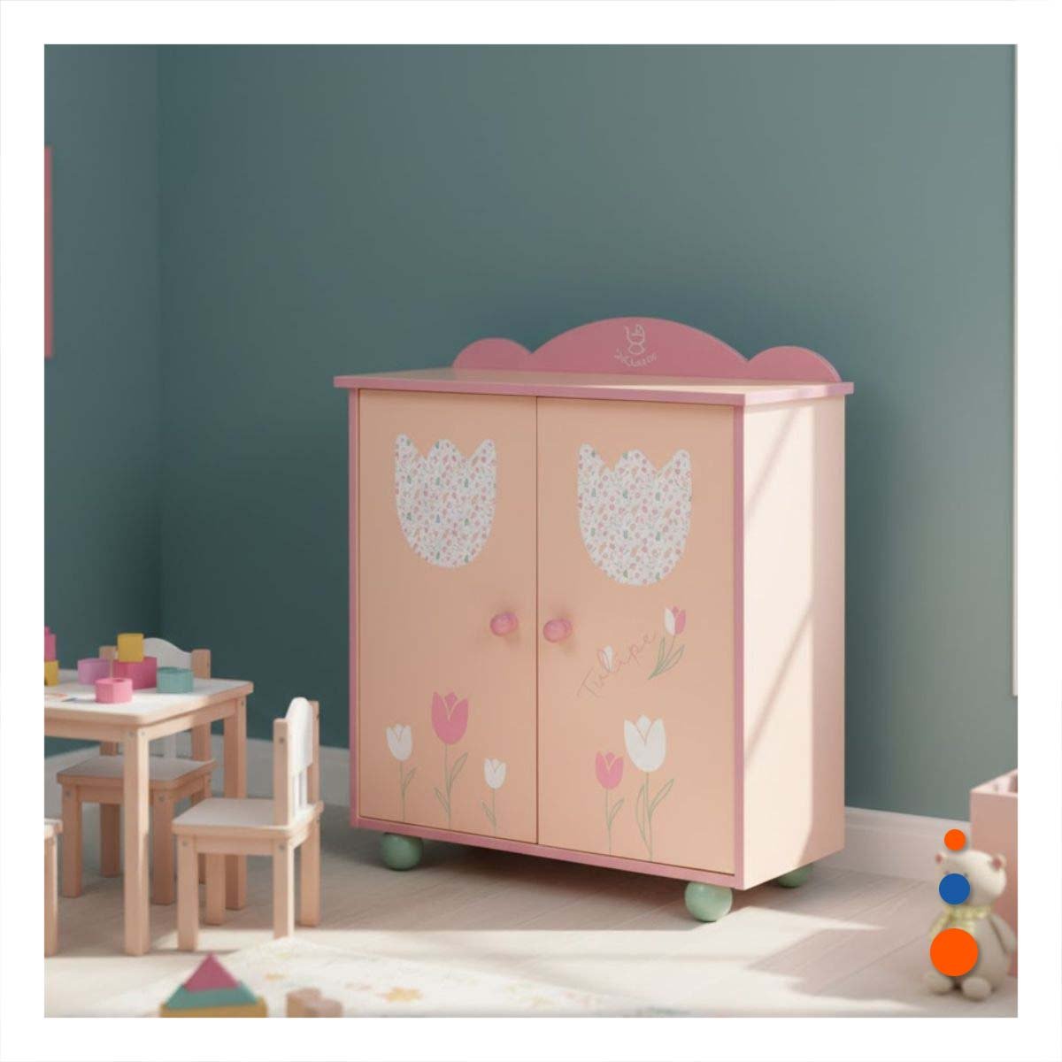 CLOSET PARA ROPA DE MUNECA 49X42X16CM CON DISENO TULIPANES MELON Y ROSADO - 2