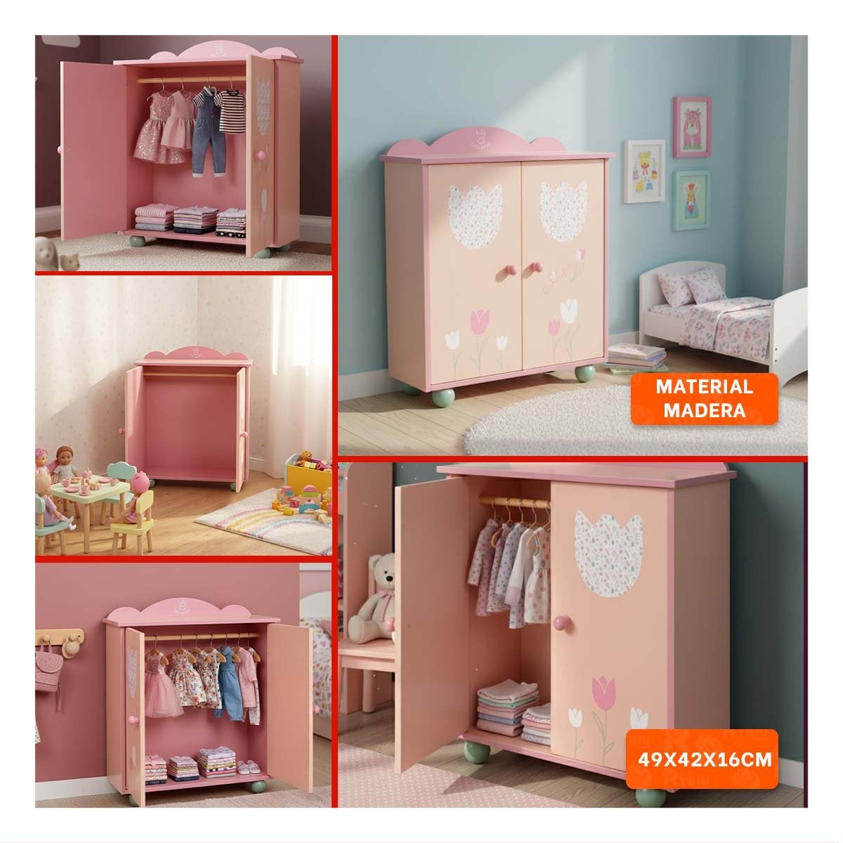 CLOSET DE ROPA INFANTIL PARA MUNECA 49X42X16CM CON DISENO FLORAL SUAVE YSTICKY - 1