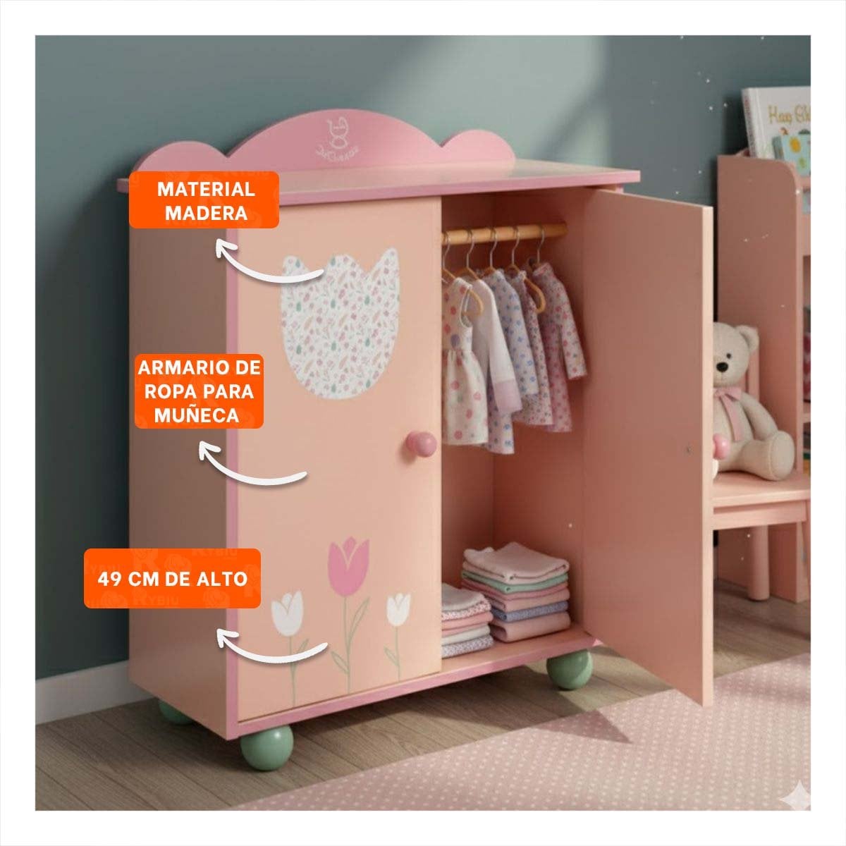 CLOSET DE ROPA INFANTIL PARA MUNECA 49X42X16CM CON DISENO FLORAL SUAVE YSTICKY - 2