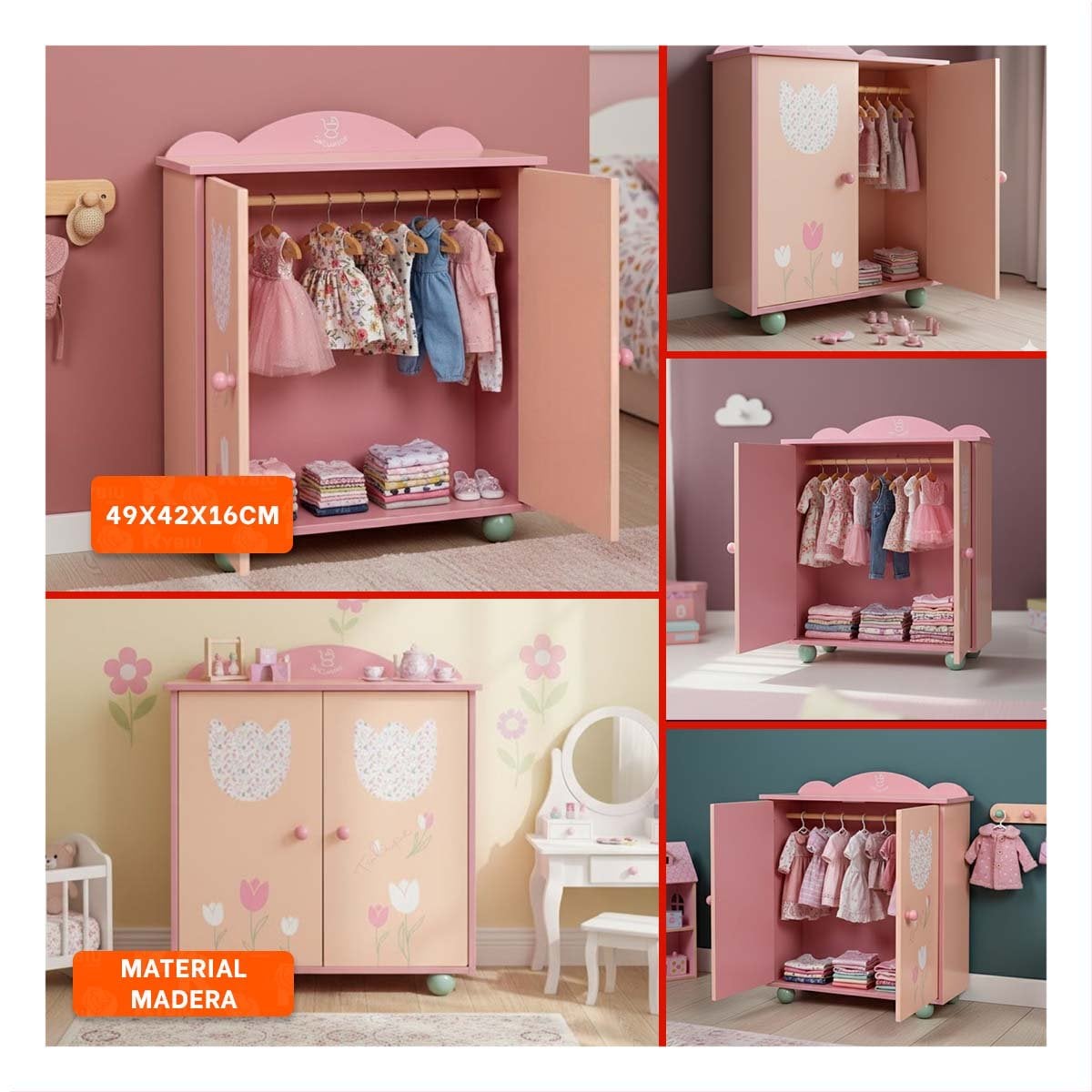 CLOSET DE ROPA INFANTIL PARA MUNECA 49X42X16CM CON DISENO FLORAL SUAVE YSTICKY - 5