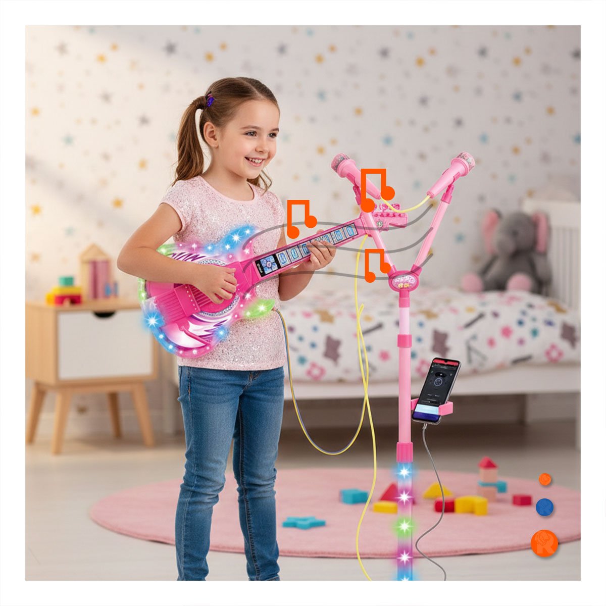 INSTRUMENTO MUSICAL DE GUITARRA CON 2 MICROFONOS EN TRIPODE PARA SHOW INFANTIL YPAPEL REGALO - 5