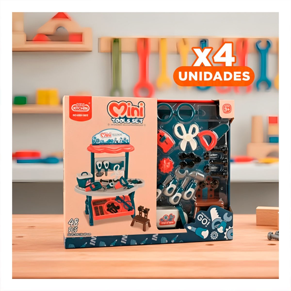 PACK4 CAJA DE HERRAMIENTAS INFANTIL 48 PZS AZUL Y NARANJA PARA APRENDER - 1