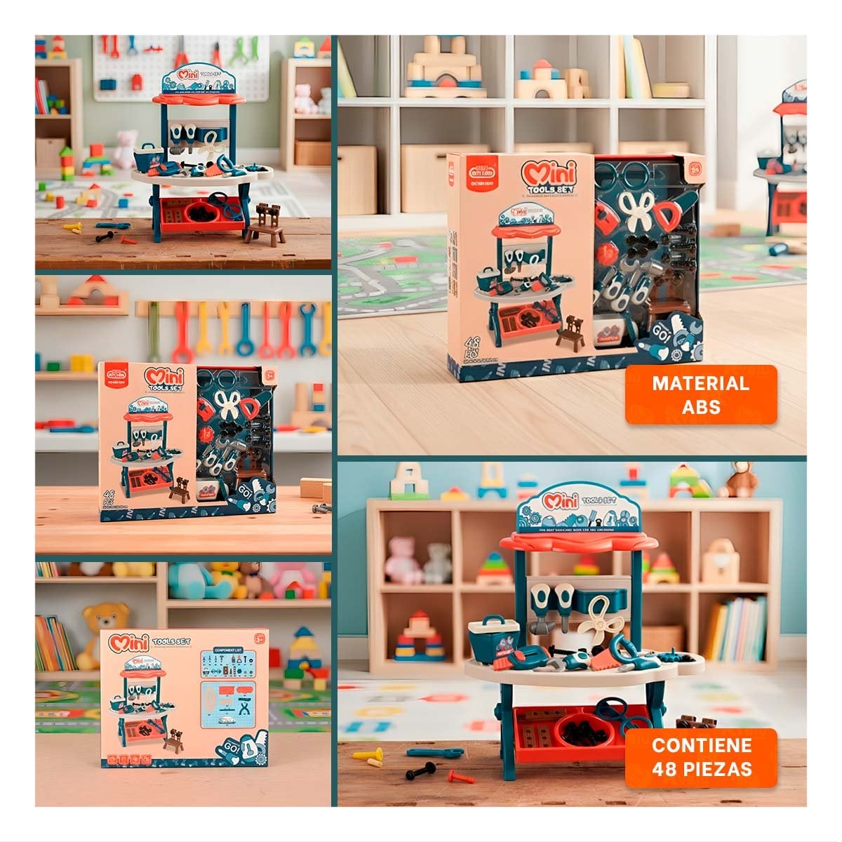 PACK6 MALETIN DE HERRAMIENTAS PARA NINOS 48 PZS AZUL Y NARANJA YPAPEL REGALO - 3