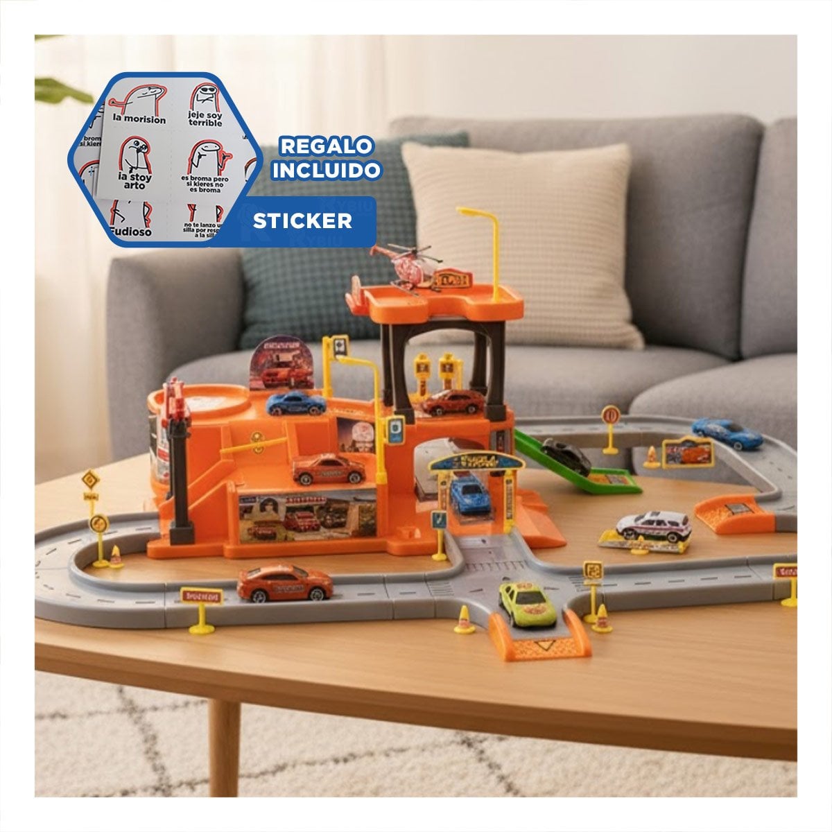 SET DE JUEGO CON PISTA DE ESTACIONAMIENTO PARA NINOS 69X56CM NARANJA PLOMO YREGALO STICKER - 1