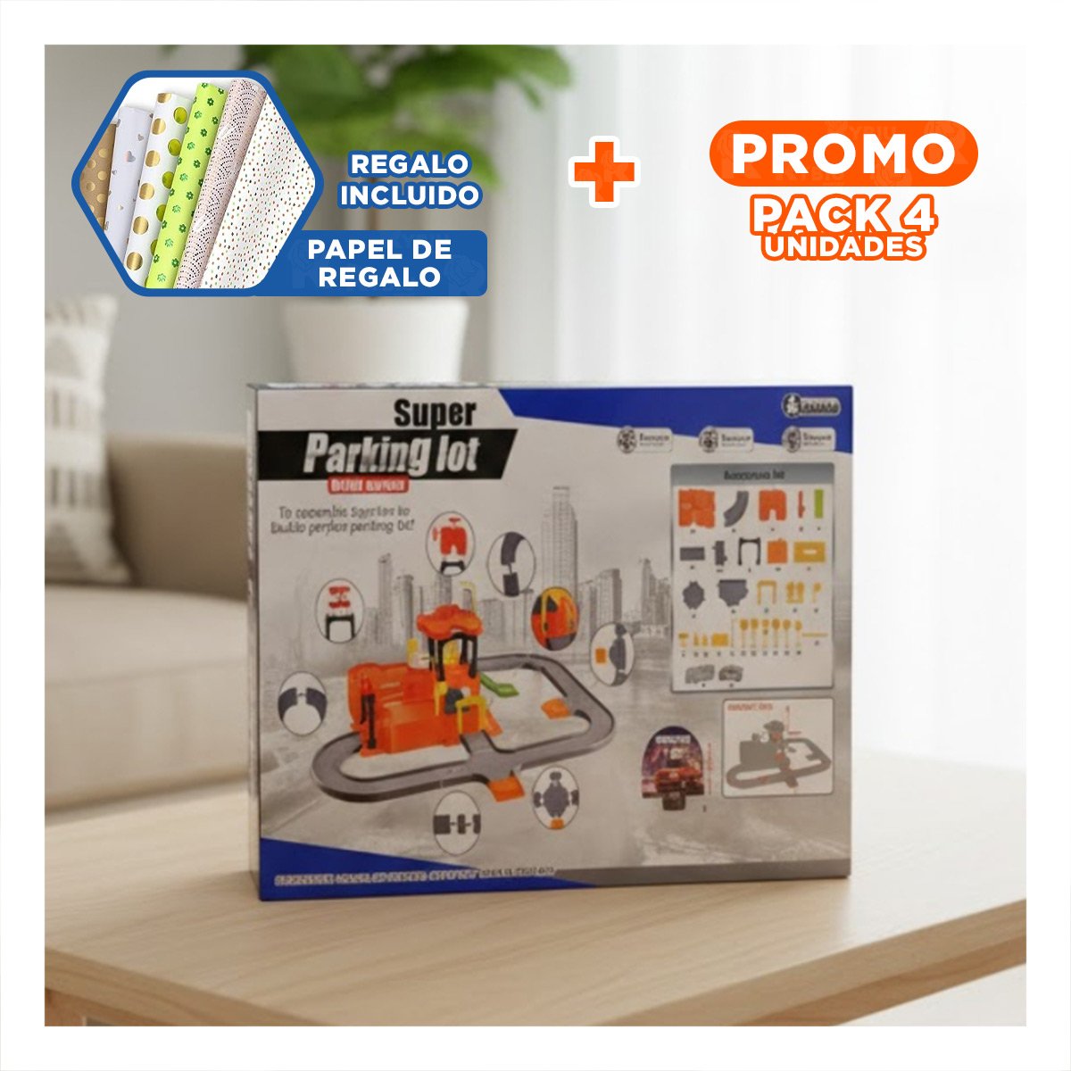 PACK4 CENTRO INFANTIL PARA JUEGO DE CARRITOS 69X56CM NARANJA PLOMO YPAPEL REGALO - 1