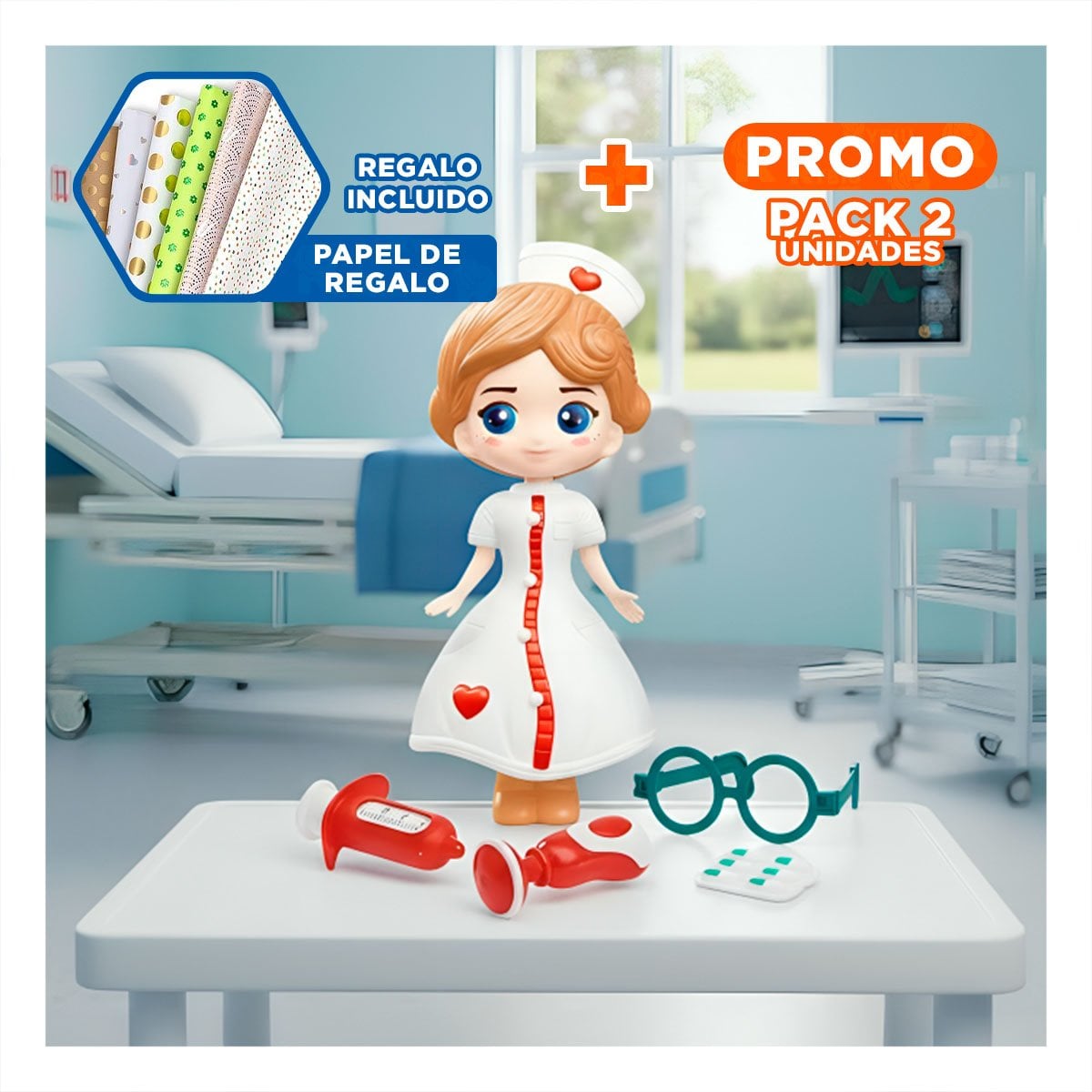 PACK2 MALETIN DE DOCTORA 7 PZS CON MUNEQUITA ROJA PARA JUEGO INFANTIL YPAPEL REGALO - 1