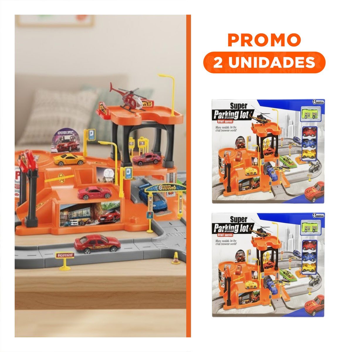 PACK2 SET DE JUEGO INFANTIL CON ESTACIONAMIENTO PARA CARRITOS 69X56CM NARANJA PLOMO - 1
