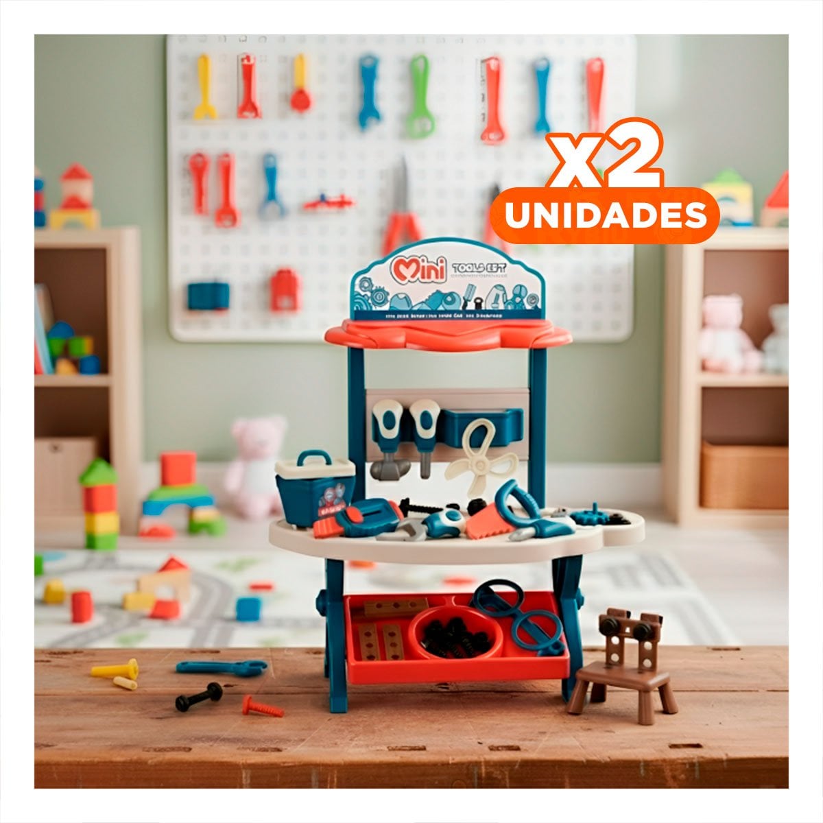 PACK2 CAJA DE HERRAMIENTAS PARA NINOS 48 PZS AZUL Y NARANJA EDUCATIVA YREGALO STICKER - 1
