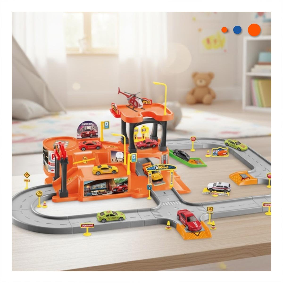 JUEGO DE MESA CON ESTACIONAMIENTO Y CARRITOS INFANTIL 69X56CM NARANJA Y PLOMO - 2
