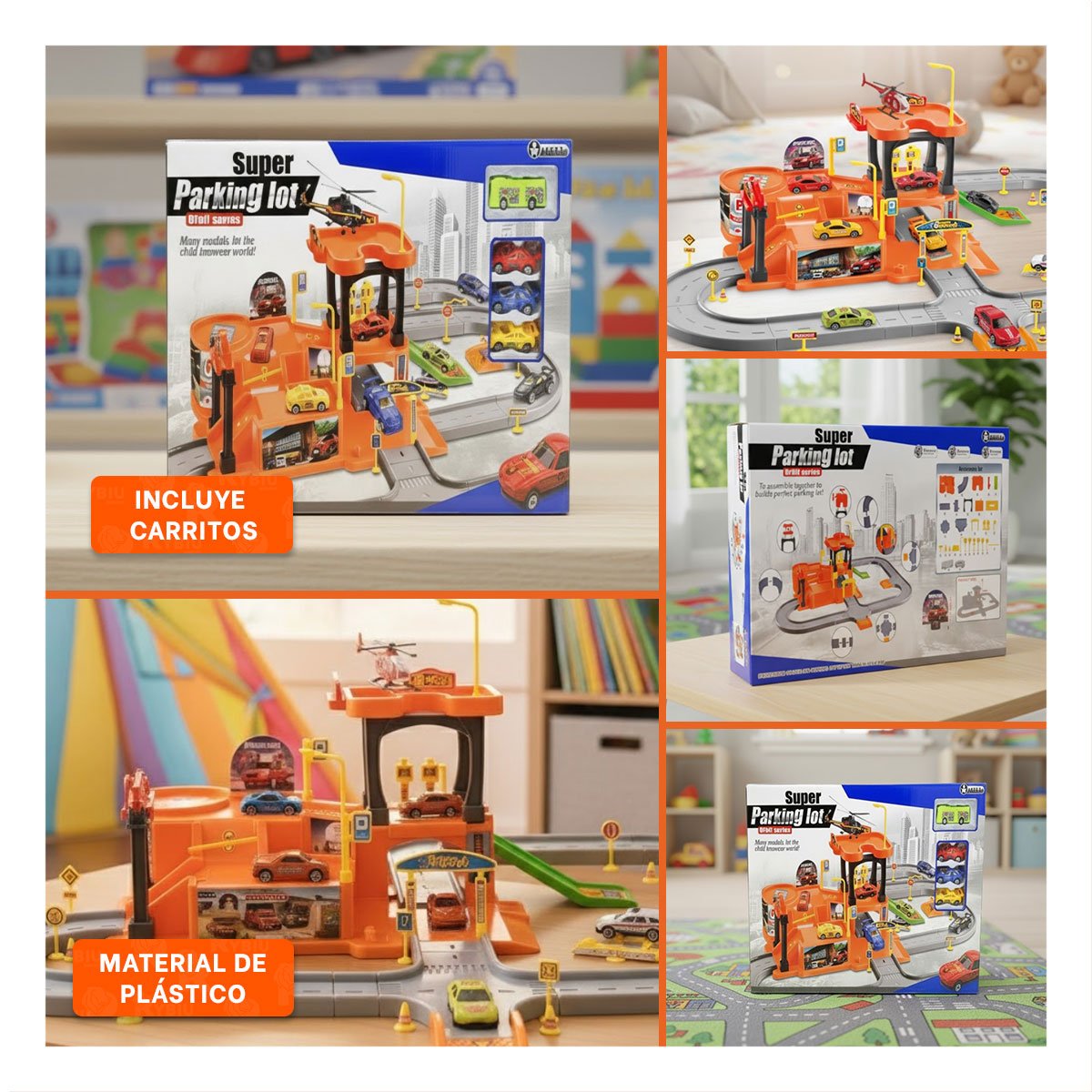 JUEGO DE MESA CON ESTACIONAMIENTO Y CARRITOS INFANTIL 69X56CM NARANJA Y PLOMO - 5
