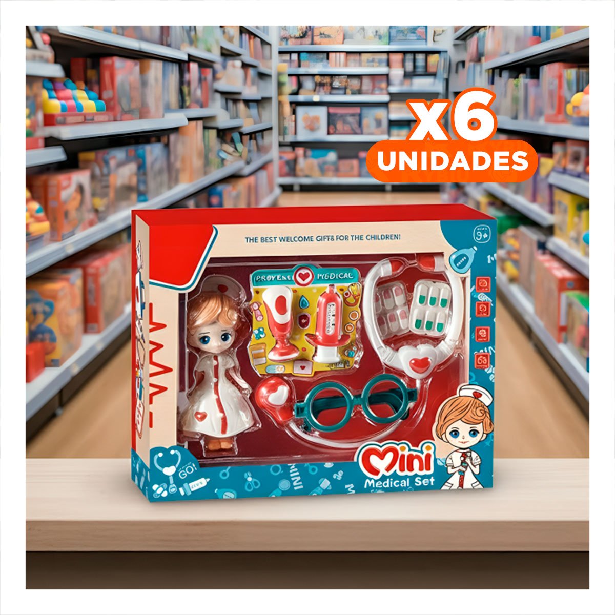 PACK6 ACCESORIOS DE JUEGO MEDICO 7 PZS CON MUNEQUITA ROJA EDUCATIVO YREGALO STICKER - 1