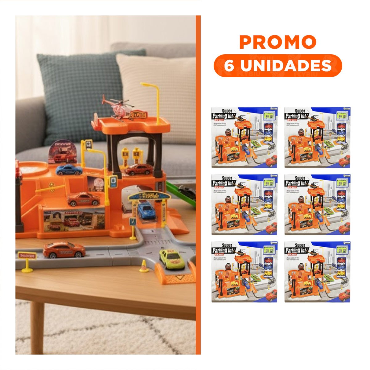 PACK6 GARAJE INFANTIL DE JUGUETE CON ESTACIONAMIENTO Y CARRITOS 69X56CM NARANJA PLOMO - 1