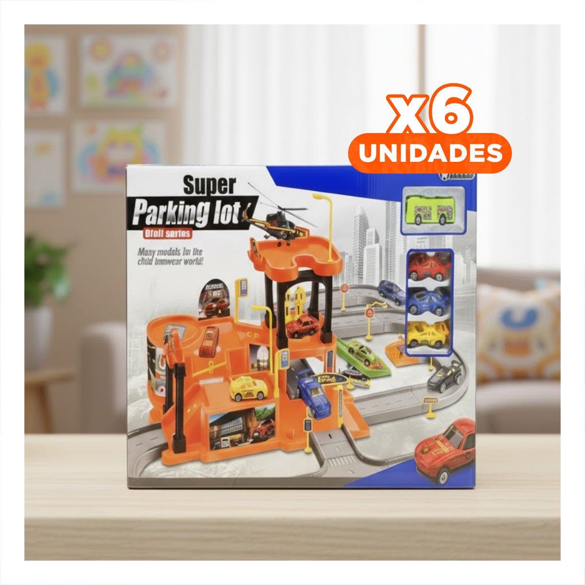 PACK6 GARAJE DIDACTICO INFANTIL CON CARRITOS 69X56CM NARANJA PLOMO YREGALO STICKER - 1