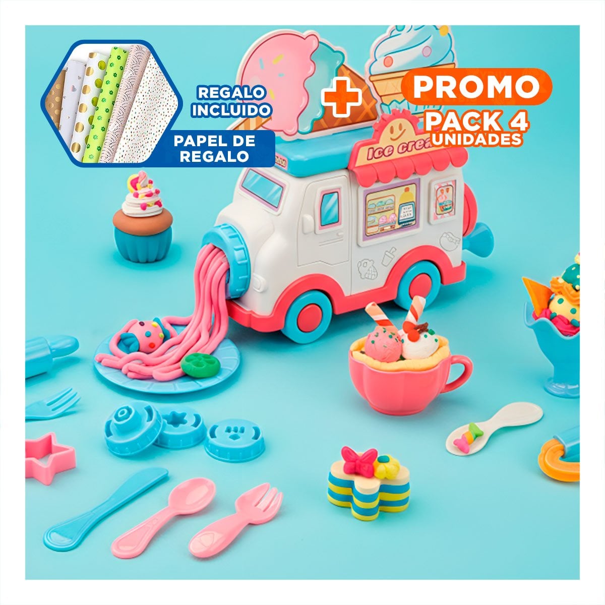 PACK4 JUGUETE DE HELADO INFANTIL BLANCO Y ROSADO MAGIC PARA NINOS CREATIVOS YPAPEL REGALO - 1