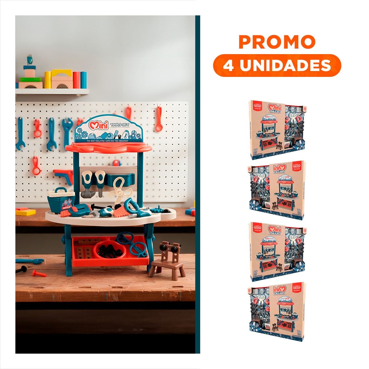 PACK4 CAJA COMPLETA DE HERRAMIENTAS INFANTIL 48 PZS AZUL Y NARANJA YREGALO STICKER - 1