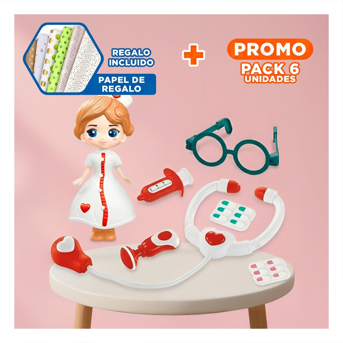 PACK6 ACCESORIOS MEDICOS INFANTILES 7 PZS CON MUNEQUITA ROJA PARA NINAS YPAPEL REGALO - 1