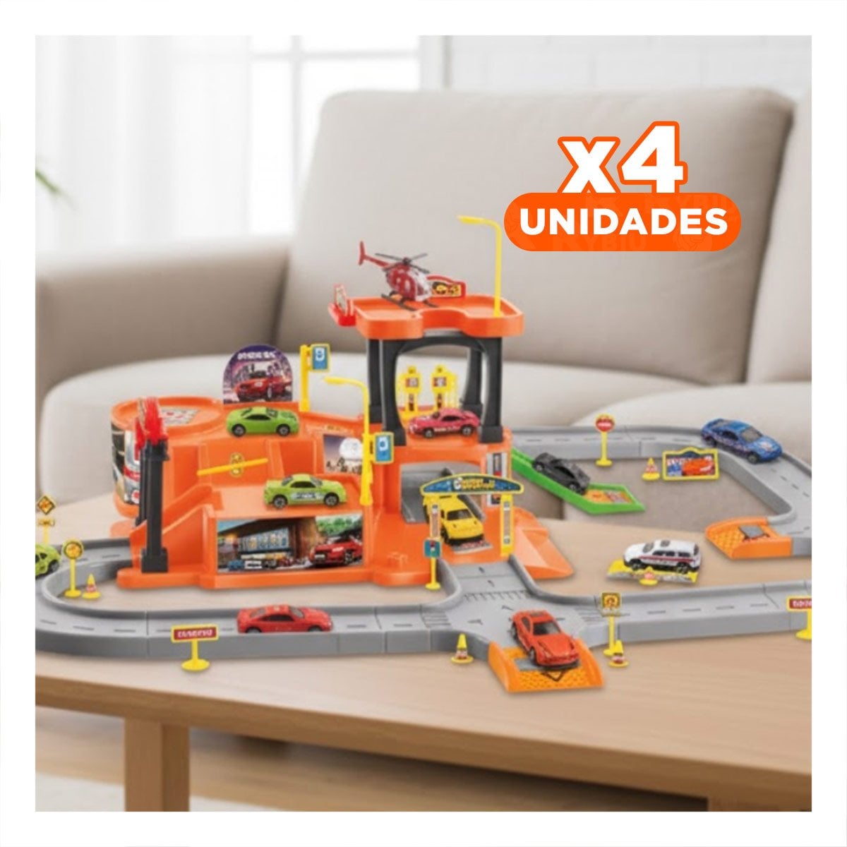 PACK4 CENTRO DIDACTICO DE JUEGO CON CARRITOS Y ESTACIONAMIENTO 69X56CM NARANJA PLOMO - 1