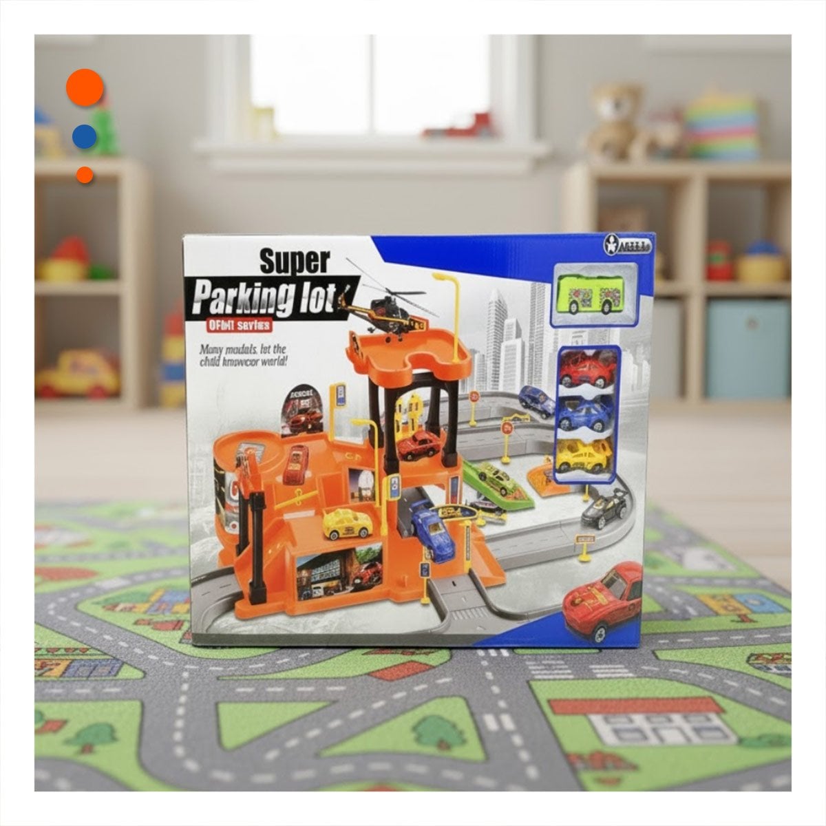 PACK4 CENTRO DIDACTICO DE JUEGO CON CARRITOS Y ESTACIONAMIENTO 69X56CM NARANJA PLOMO - 2