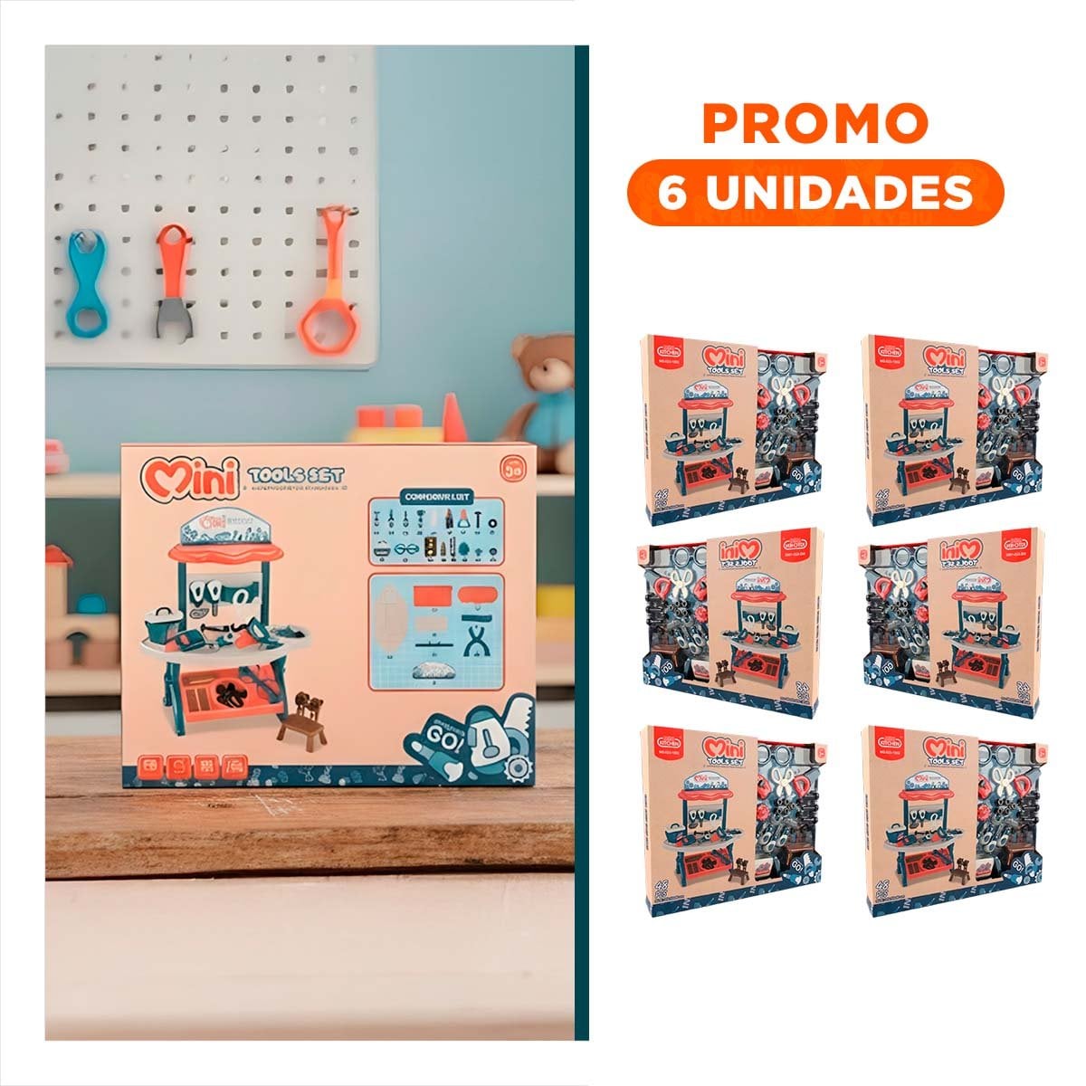 PACK6 MALETIN INFANTIL DE HERRAMIENTAS 48 PZS AZUL Y NARANJA PARA JUEGO - 1