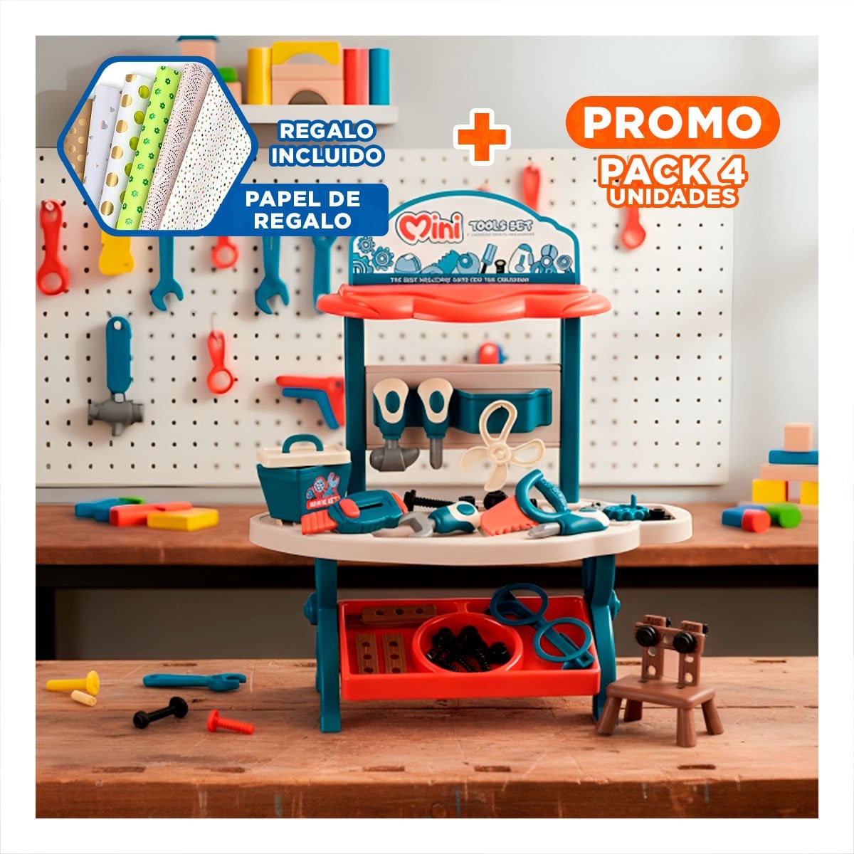 PACK4 CAJA DE HERRAMIENTAS DE JUGUETE 48 PZS AZUL Y NARANJA YPAPEL REGALO - 1