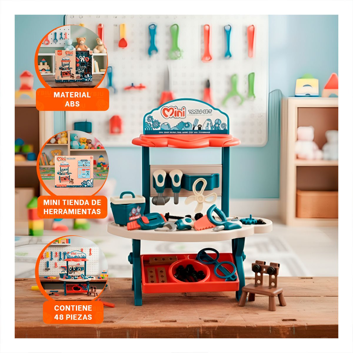 KIT INFANTIL DE HERRAMIENTAS 48 PZS AZUL Y NARANJA PARA JUEGO EDUCATIVO YPAPEL REGALO - 5