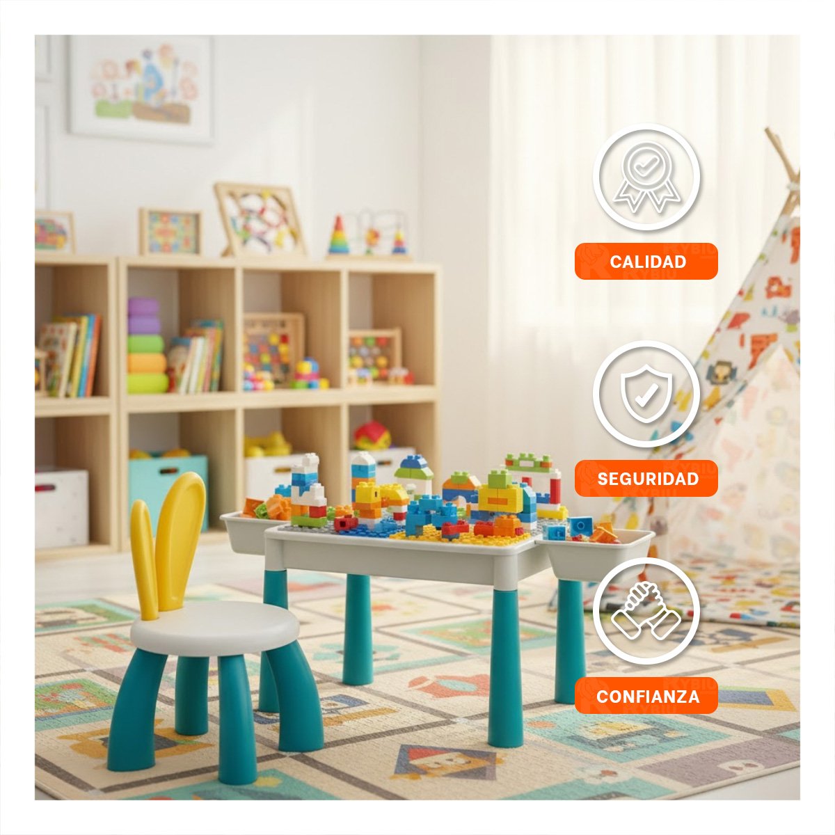 PACK2 ZONA INFANTIL DE JUEGO CON BLOQUES DE CONSTRUCCION Y SILLA MULTICOLOR YREGALO STICKER - 5