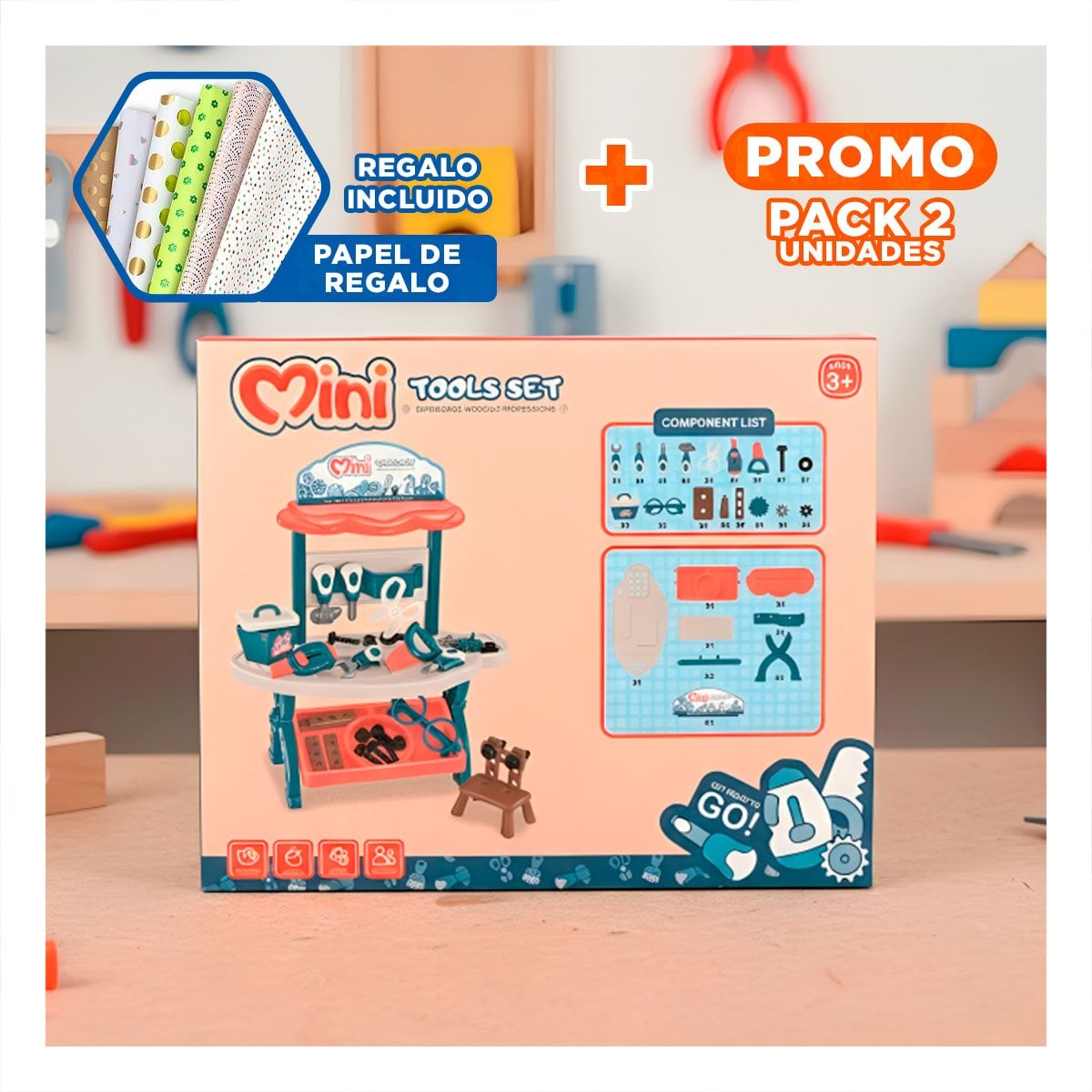 PACK2 CAJA INFANTIL DE HERRAMIENTAS 48 PZS AZUL Y NARANJA PARA JUEGO CREATIVO YPAPEL REGALO - 1