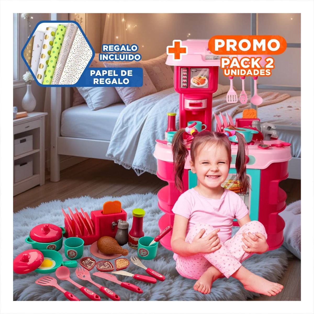 PACK2 ESTACION DE FANTASIA COCINA CON HORNO MICROONDAS OLLAS Y UTENSILIOS YPAPEL REGALO - 1