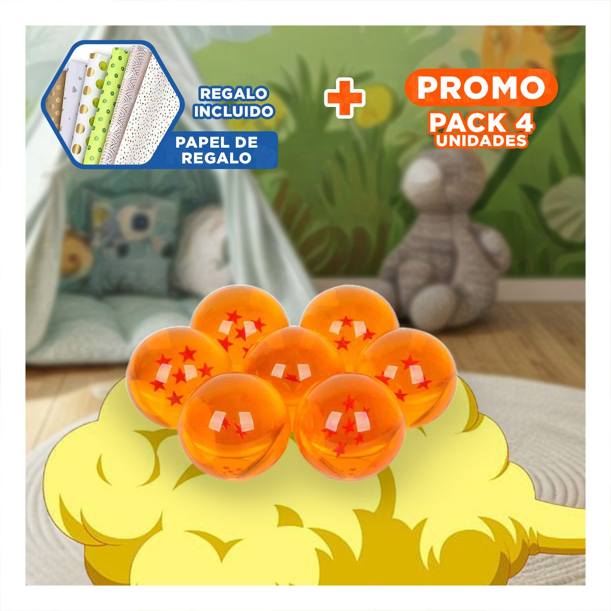 PACK4 ACCESORIO DECORATIVO DE 7 ESFERAS CON ESTRELLAS EN NARANJA YPAPEL REGALO - 1