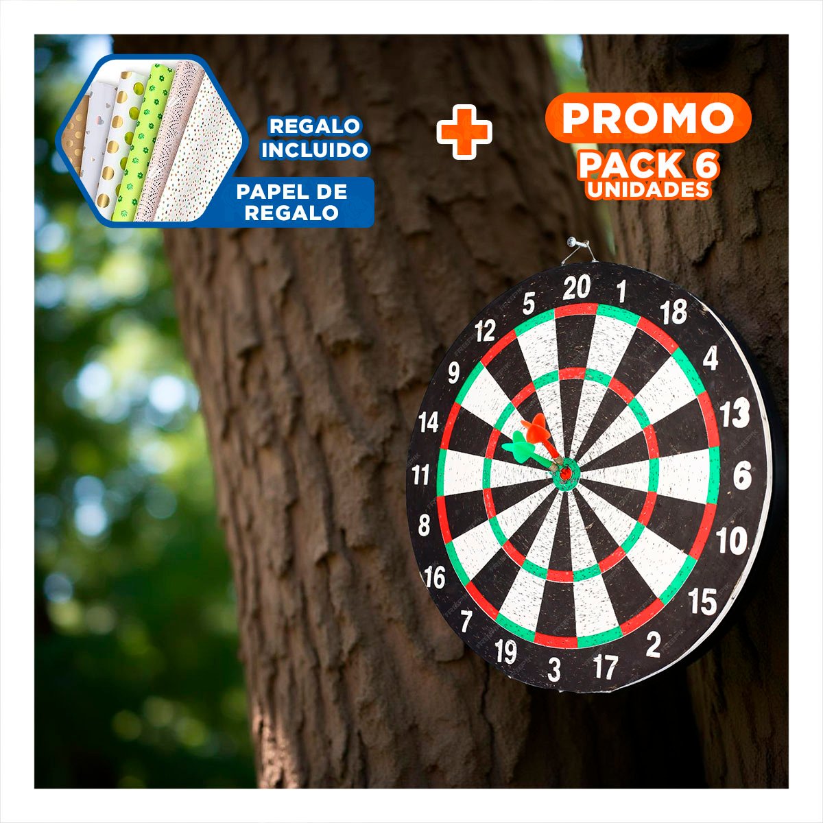 PACK6 DISCO DE TIRO CON PUAS DE MADERA PARA USO RECREATIVO YPAPEL REGALO - 1