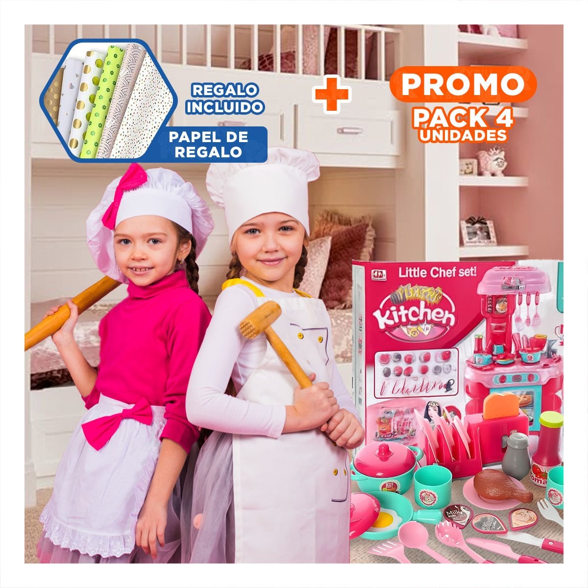 PACK4 COCINA COMPLETA GRANDE CON HORNO MICROONDAS OLLAS Y UTENSILIOS YPAPEL REGALO - 1
