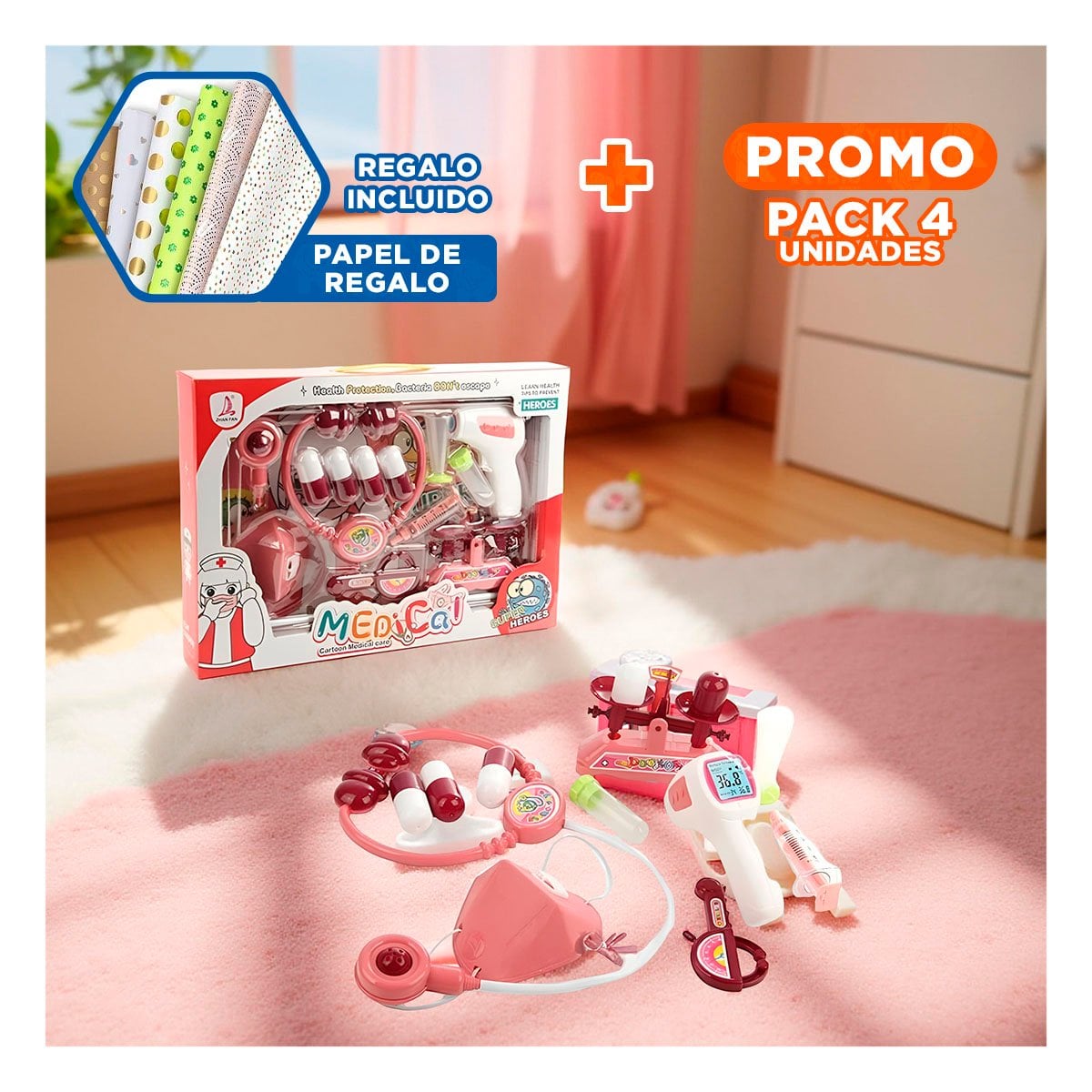 PACK4 KIT DE DOCTOR INFANTIL CON ACCESORIOS PARA CASA YPAPEL REGALO - 1