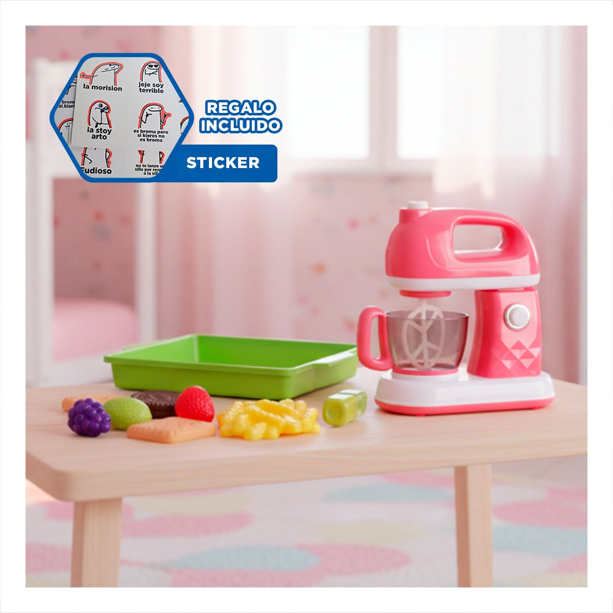 ACCESORIO BATIDORA Y TABLA CON ALIMENTOS PARA JUEGO DE COCINA EN CASA YREGALO STICKER - 1