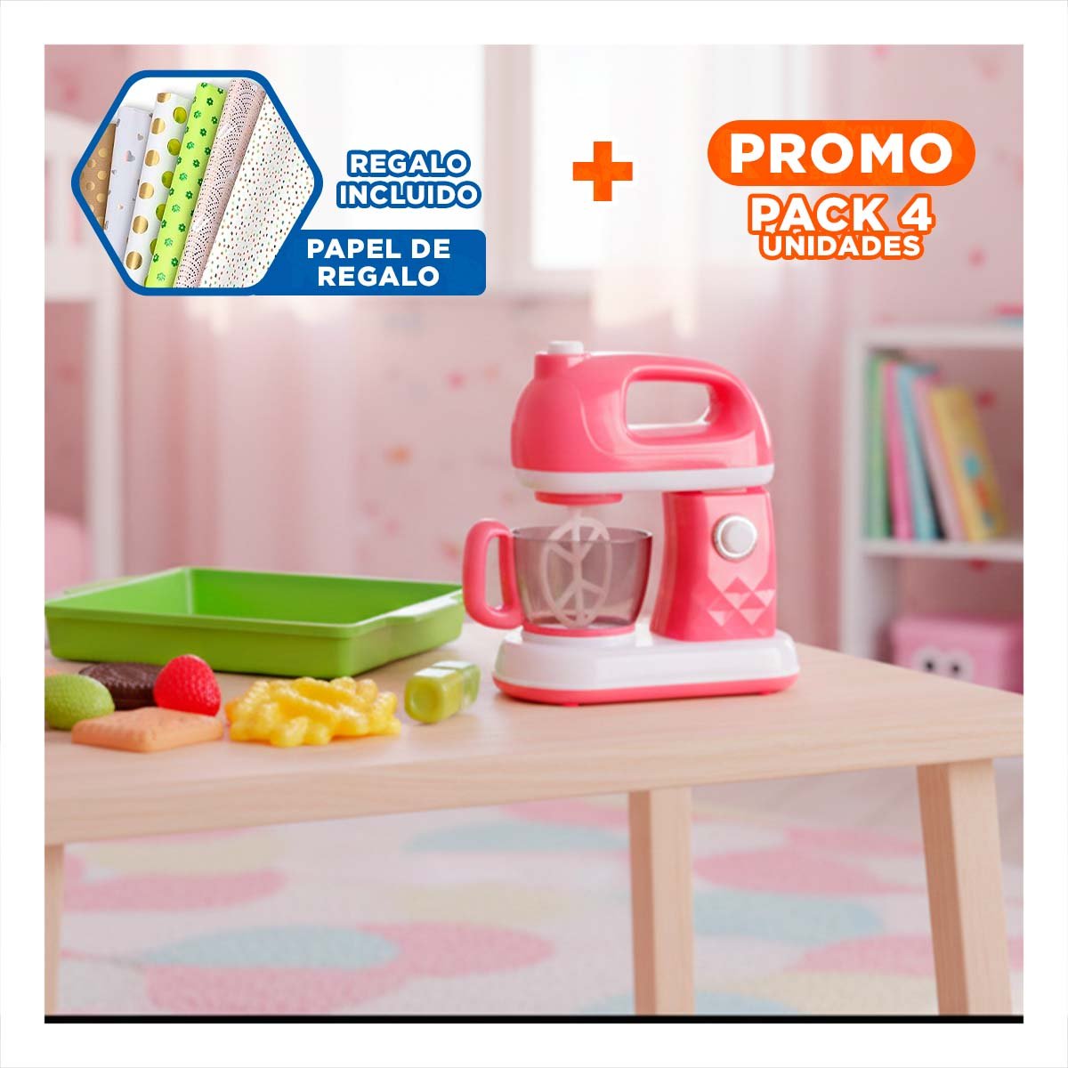 PACK4 ELEMENTO INFANTIL DE COCINA CON BATIDORA Y TABLA CON ALIMENTOS YPAPEL REGALO - 1