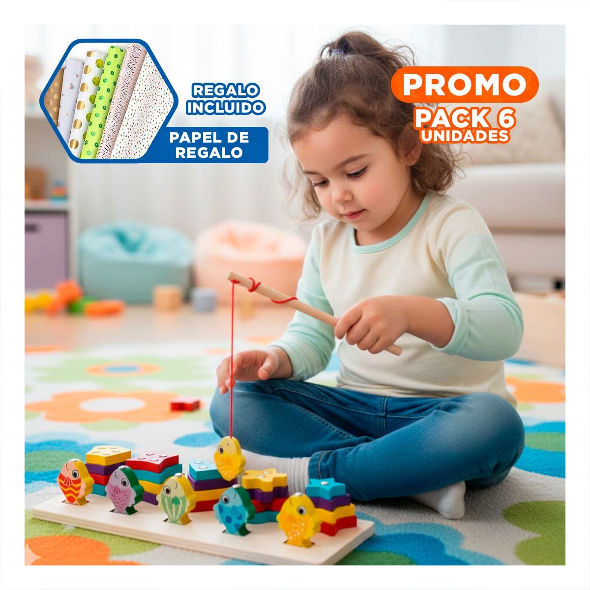 PACK6 JUEGO DE MESA EDUCATIVO CON FIGURAS GEOMETRICAS Y PECES IMANTADOS YPAPEL REGALO - 1