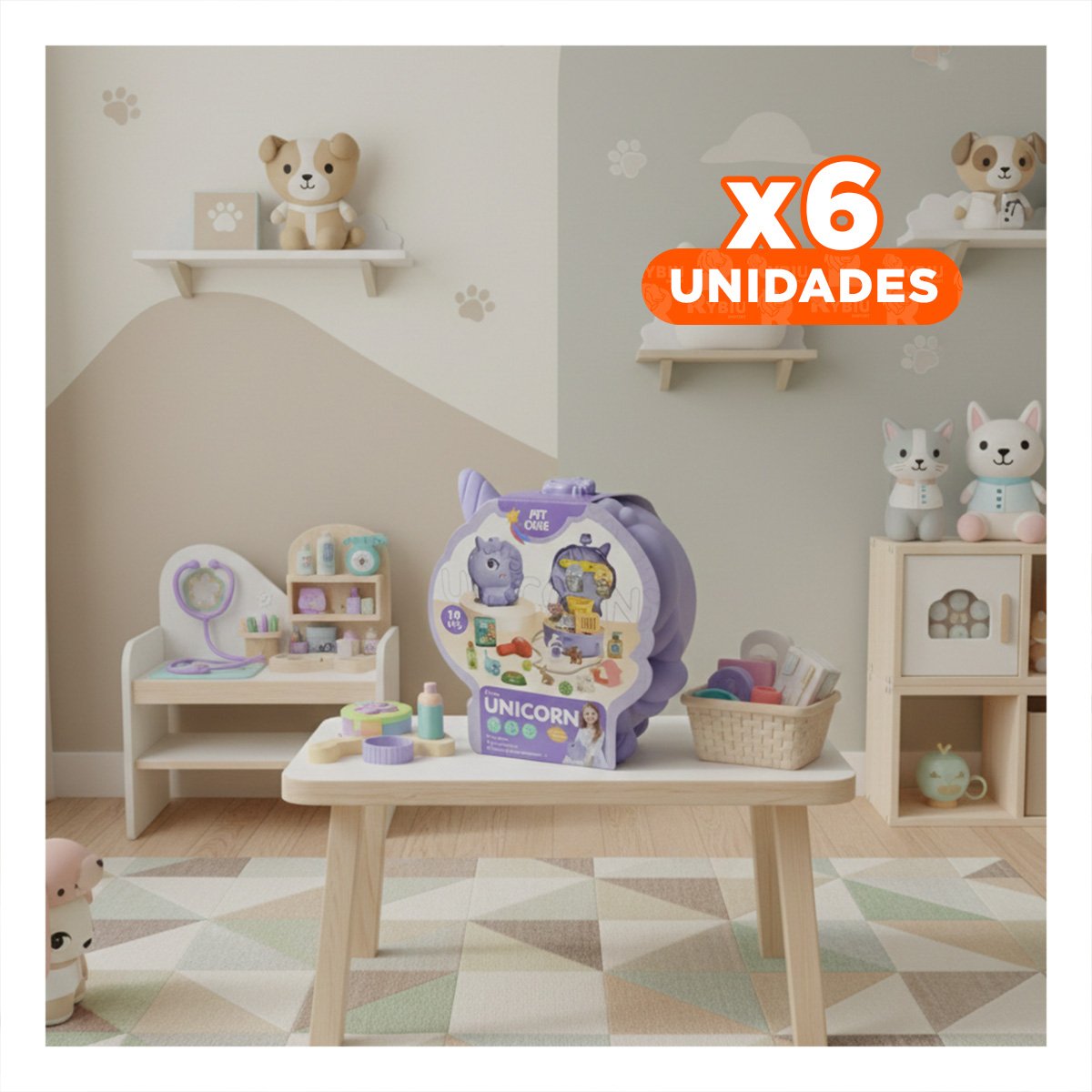 PACK6 SET UNICORNIO DE JUEGO PARA CUIDADO DE MASCOTAS INFANTIL YREGALO STICKER - 1
