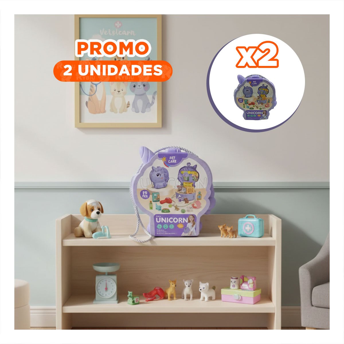 PACK2 MALETA DE JUEGO UNICORNIO PARA CUIDADO DE MASCOTAS CON ACCESORIOS YREGALO STICKER - 1