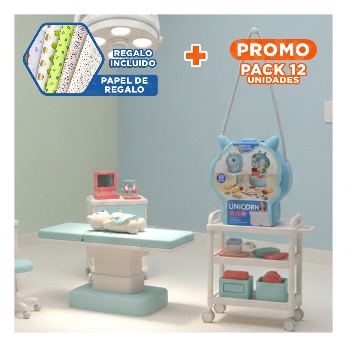 PACK12 MOCHILA CREATIVA UNICORNIO CON JUEGO MEDICO PARA DIVERSION YPAPEL REGALO - 1