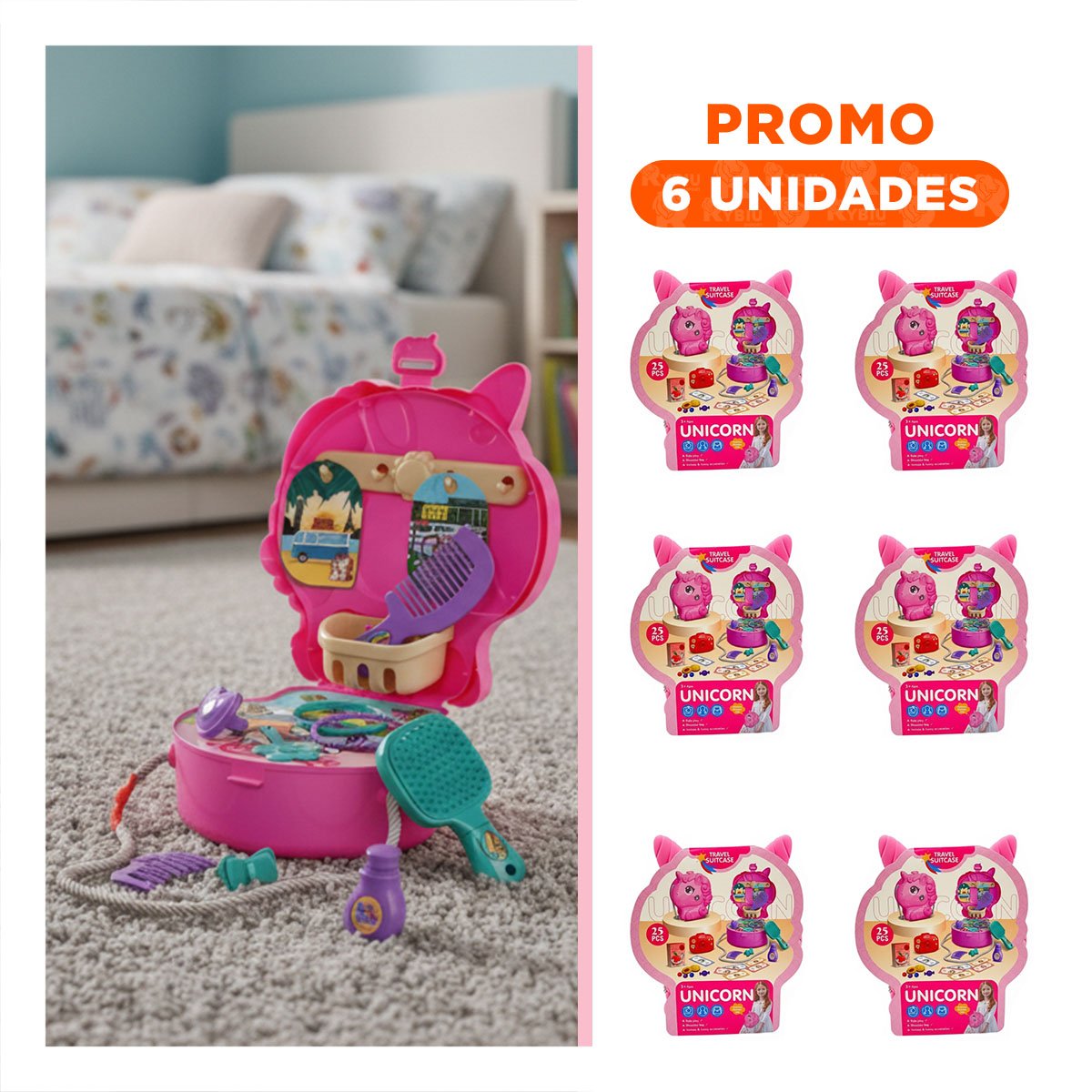 PACK6 SOLUCION DIDACTICA UNICORNIO CON ACCESORIOS DE VIAJE PARA JUEGO DOMESTICO - 1