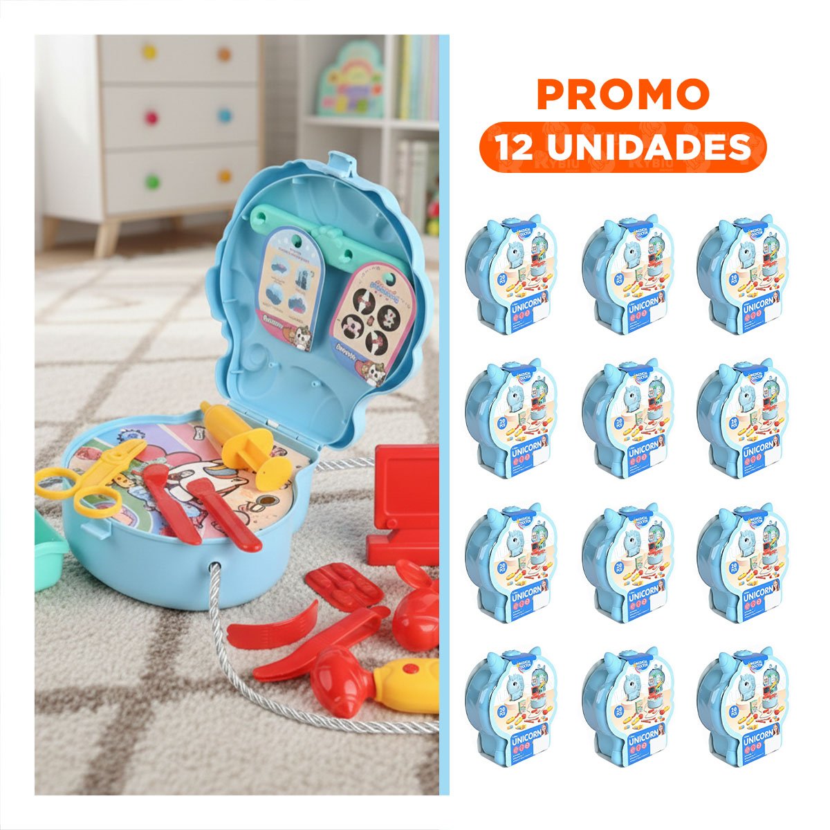 PACK12 MALETIN CREATIVO UNICORNIO CON ACCESORIOS MEDICOS INFANTILES YREGALO STICKER - 1