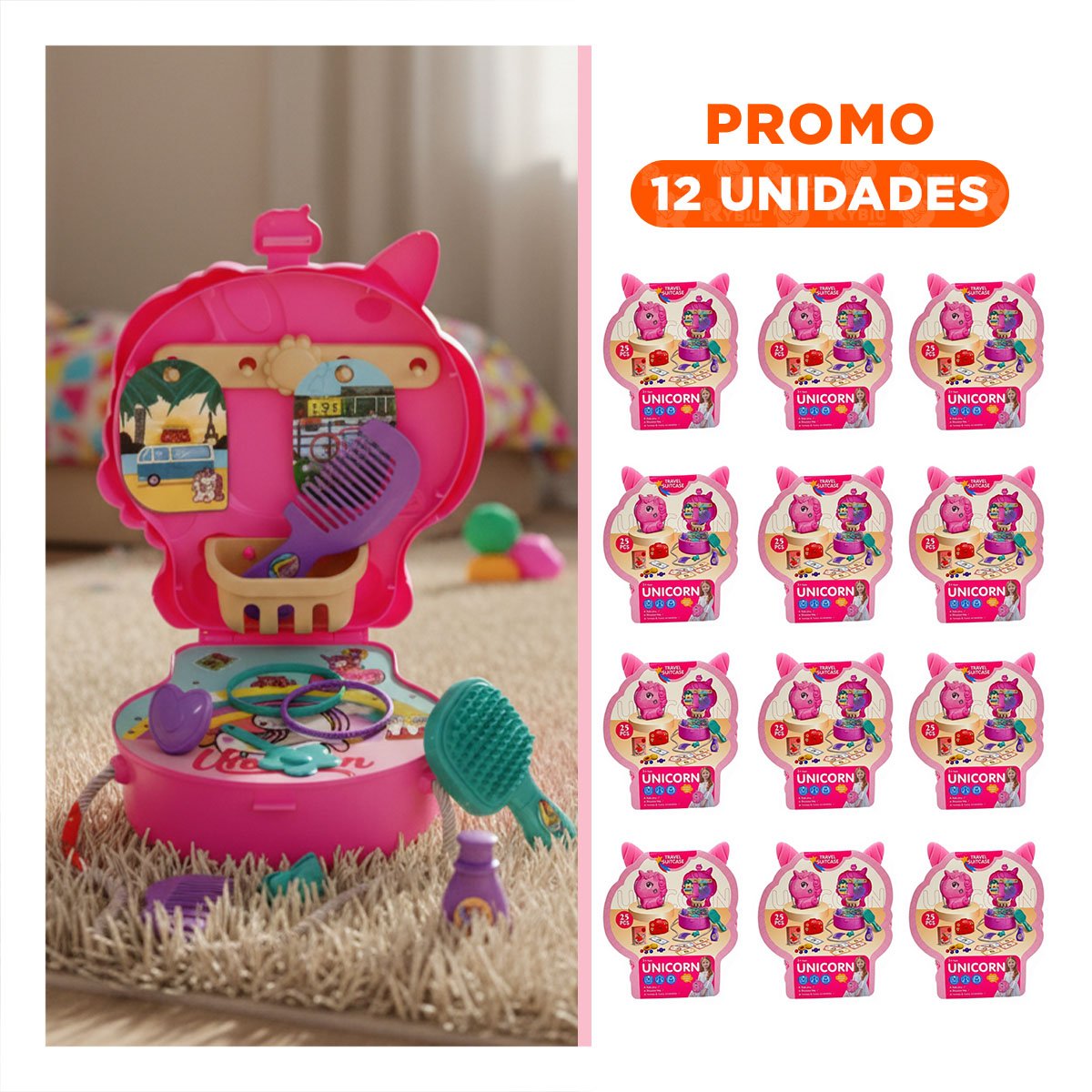 PACK12 PRESENTACION DIDACTICA UNICORNIO CON SET DE VIAJE PARA JUEGO INFANTIL YREGALO STICKER - 1