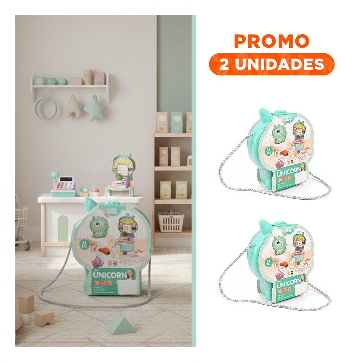PACK2 SOLUCION DE JUEGO UNICORNIO CON SET DE SUPERMERCADO PARA COMPARTIR YPAPEL REGALO - 1