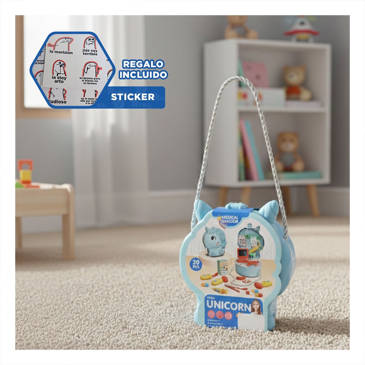 MOCHILA INFANTIL UNICORNIO CON KIT MEDICO PARA JUEGO SIMBOLICO EN CASA YREGALO STICKER - 1
