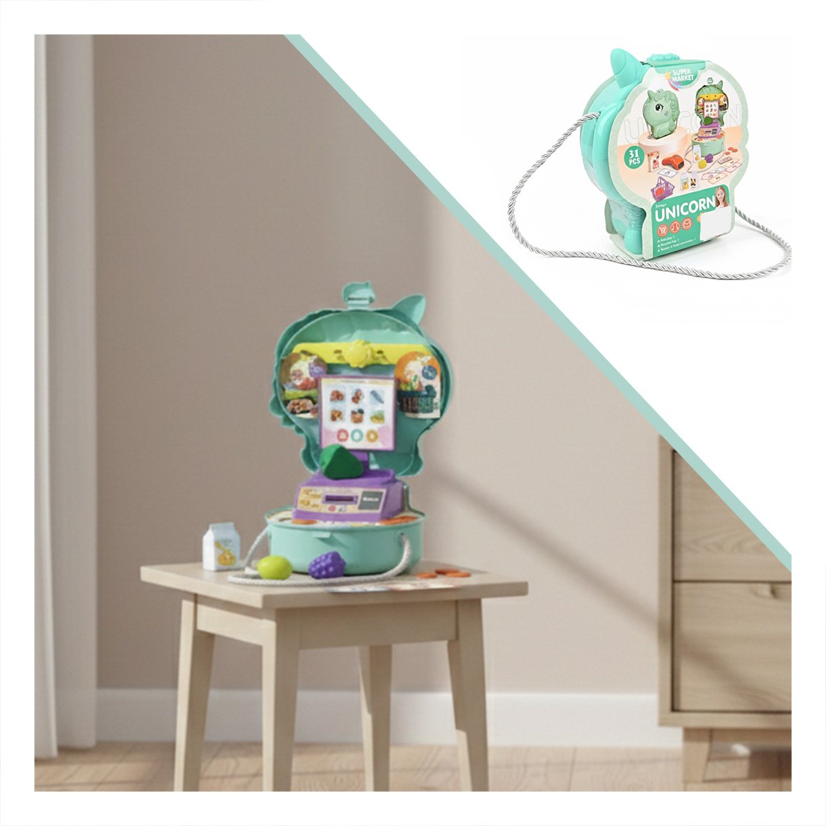 SET UNICORNIO CON SUPERMERCADO DE JUEGO Y ACCESORIOS PARA DIVERSION EN CASA - 4
