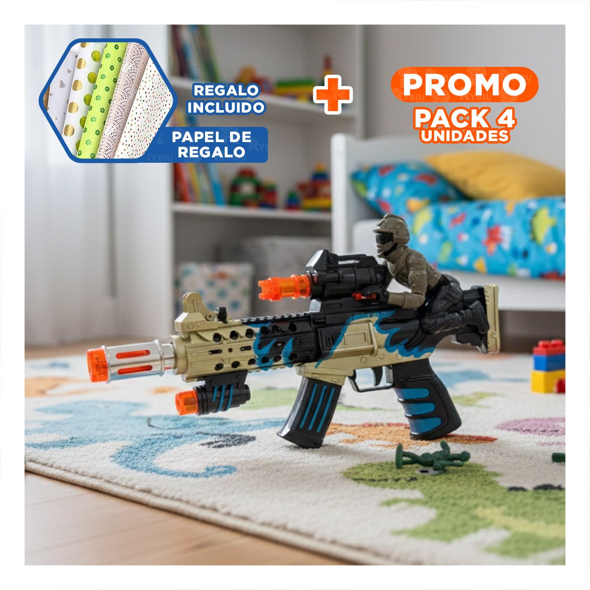 PACK4 OBJETO LUDICO INFANTIL CON FIGURA MILITAR SUPERIOR CON LUZ Y SONIDO YPAPEL REGALO - 1