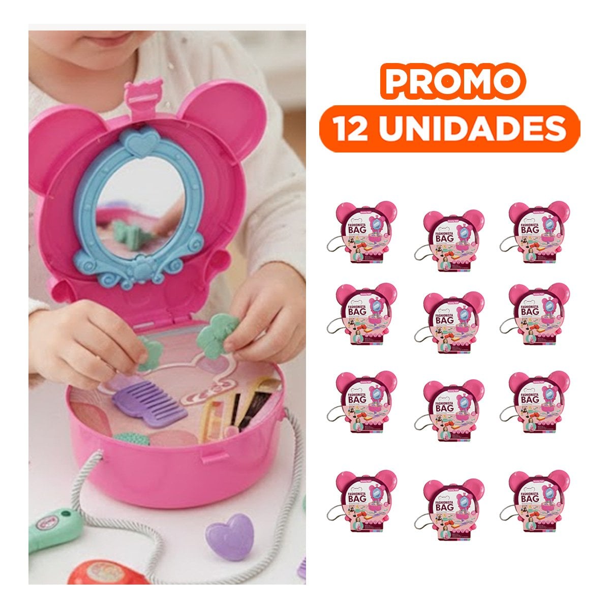 PACK12 JUEGO DE ROL INFANTIL CON OREJITAS Y TOCADOR DE MAQUILLAJE 19 PIEZAS YREGALO STICKER - 1