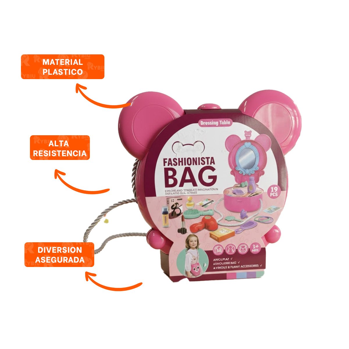 PORTA JUGUETES CON OREJITAS Y TOCADOR DE MAQUILLAJE 19 PIEZAS PARA DIVERSION YLIGAS REGALO - 3
