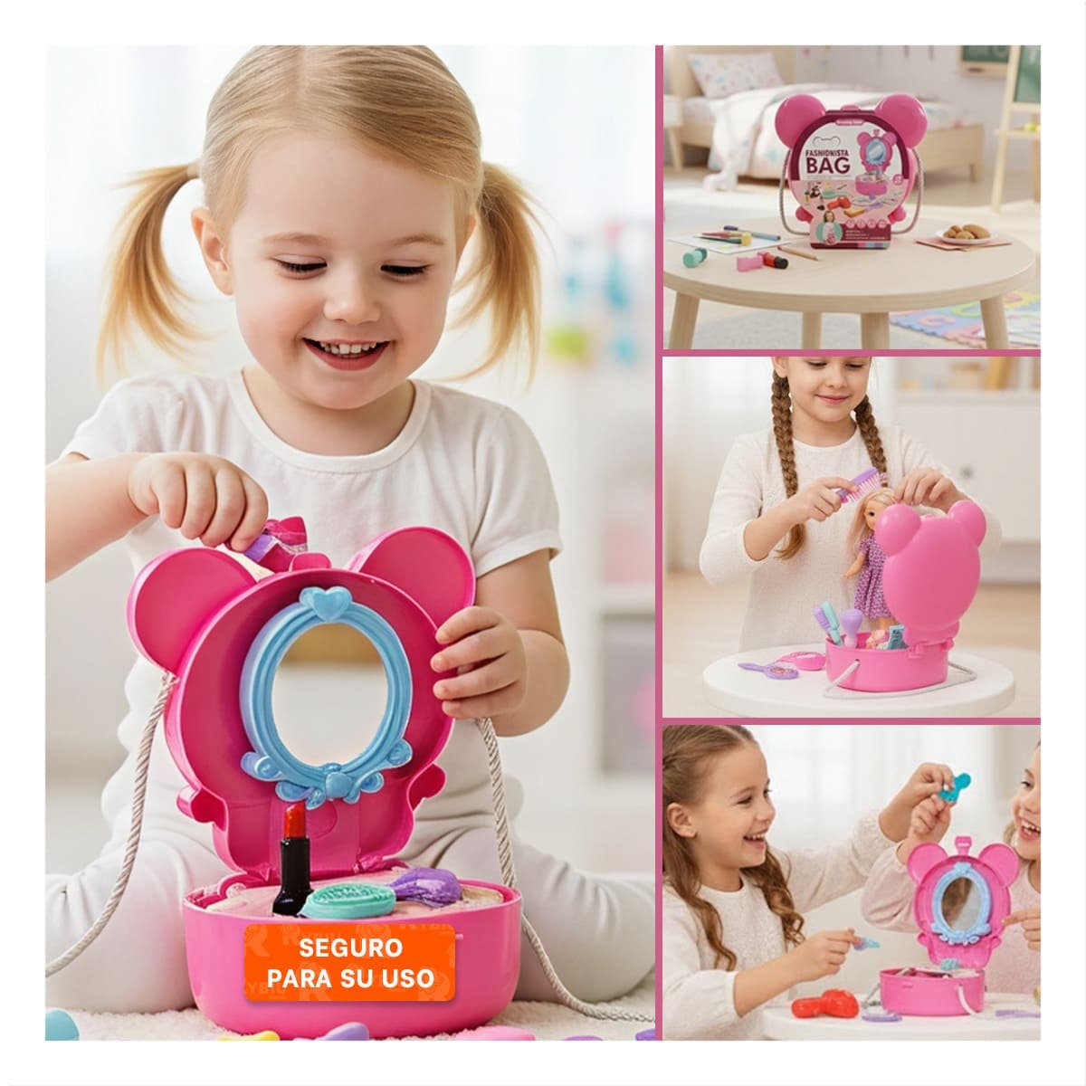 BOLSO INFANTIL CON OREJITAS Y TOCADOR DE MAQUILLAJE 19 PIEZAS PARA DIVERSION - 5