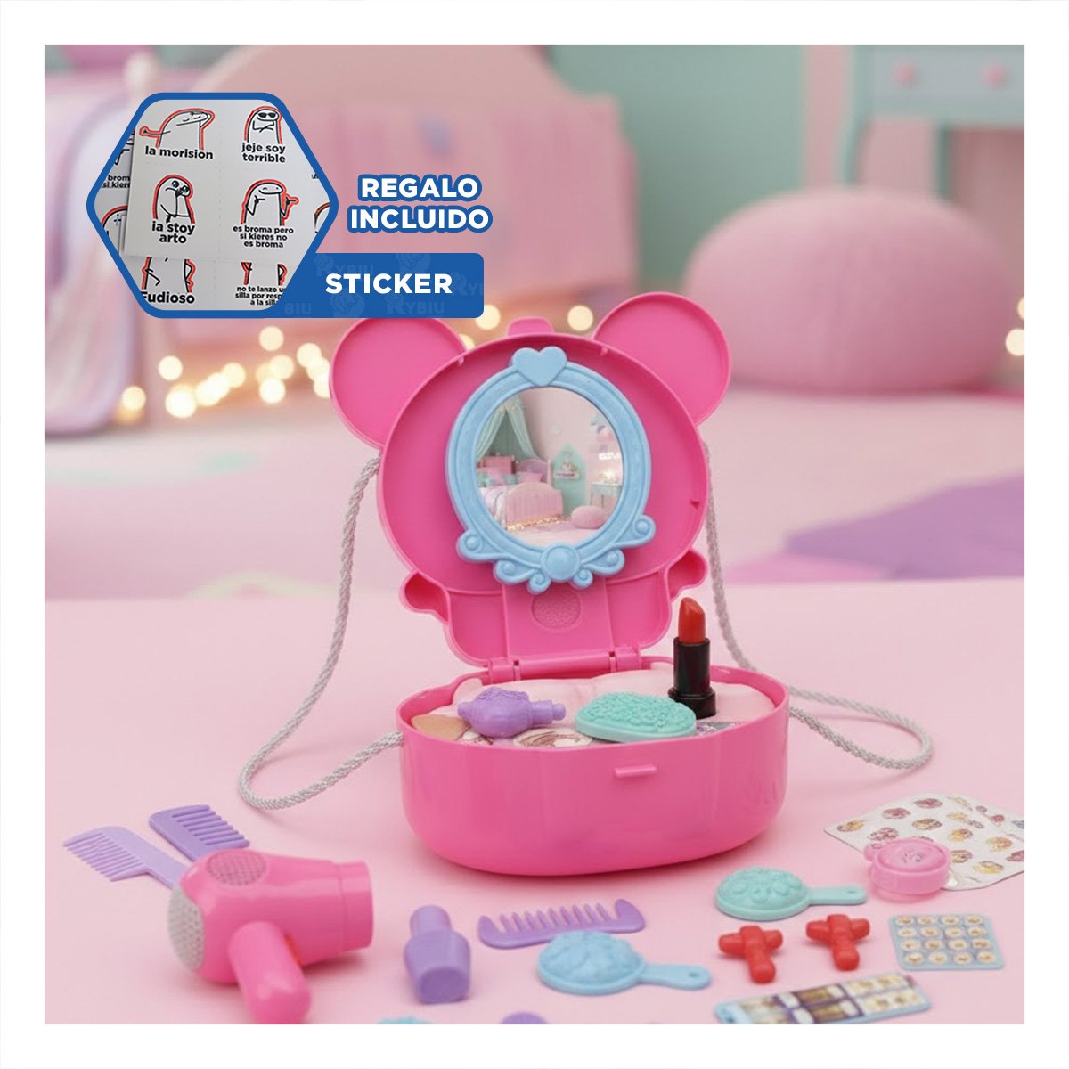 ESTUCHE INFANTIL CON OREJITAS Y TOCADOR DE MAQUILLAJE 19 PIEZAS PARA DIVERSION YREGALO STICKER - 1