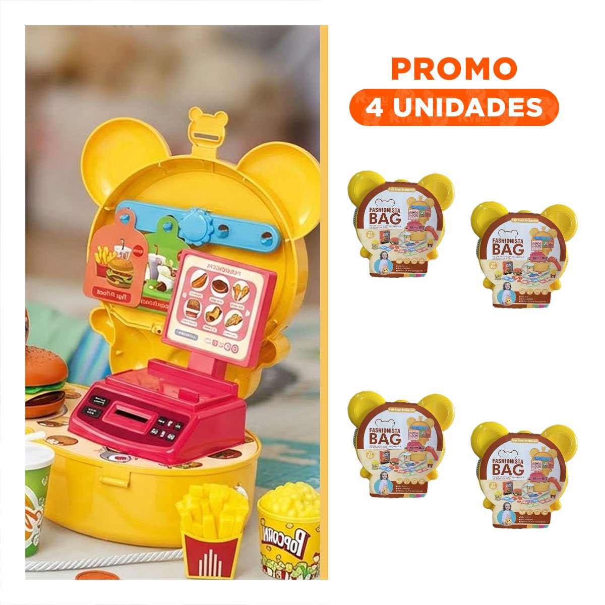 PACK4 LINEA INFANTIL OREJITAS RESTAURANTE DE COMIDA RAPIDA 27 PIEZAS DE JUEGO YREGALO STICKER - 1